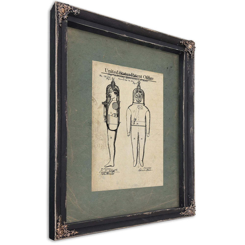 Us Patent No. 11921 Improvement in Diving Apparatus Armors by Charles Wilson September 19 1871 — Ebony Framed Canvas Print | 