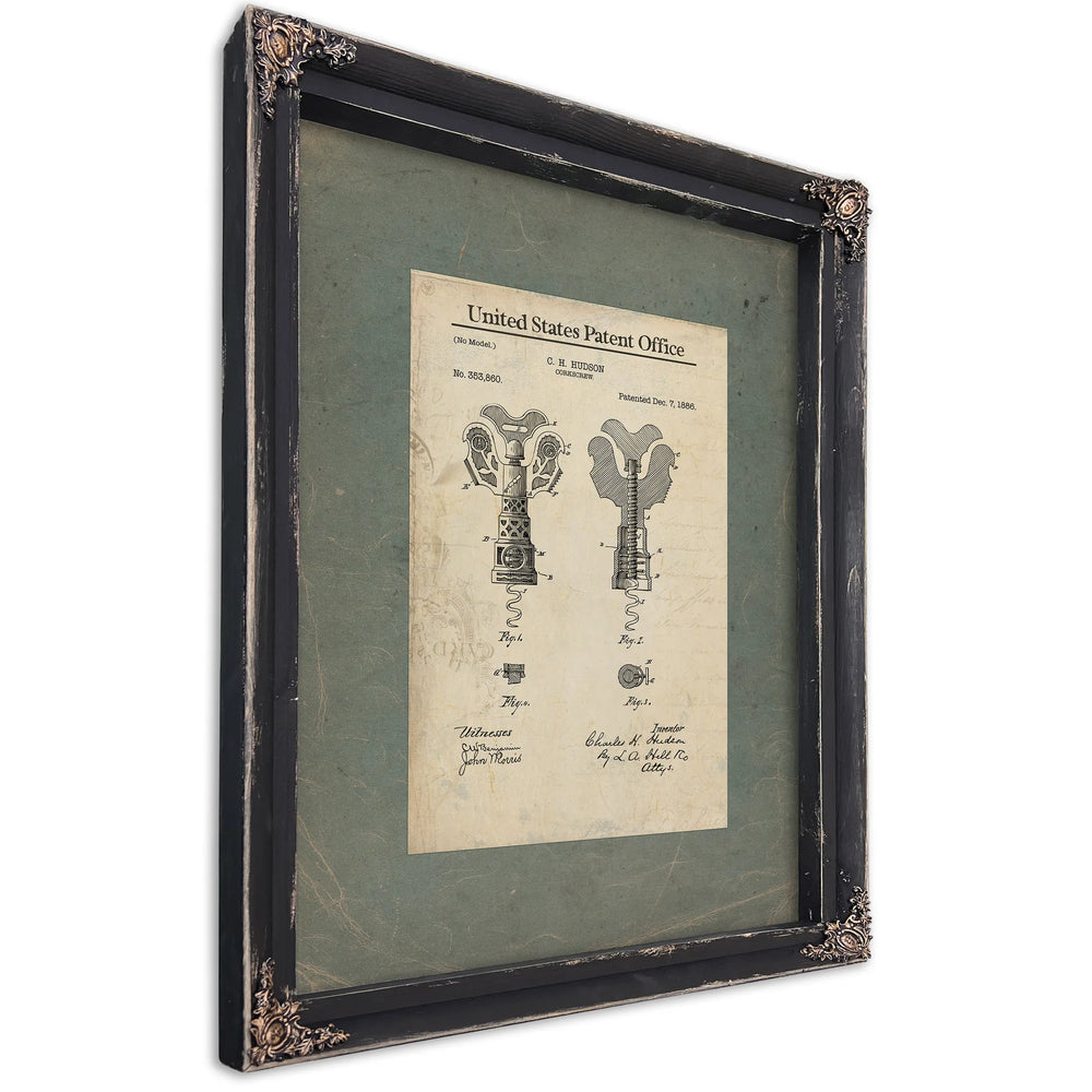 The Hudson Corkscrew Patent of 1886 — a Victorian Mechanical Marvel — Ebony Framed Canvas Print | Bella Frye