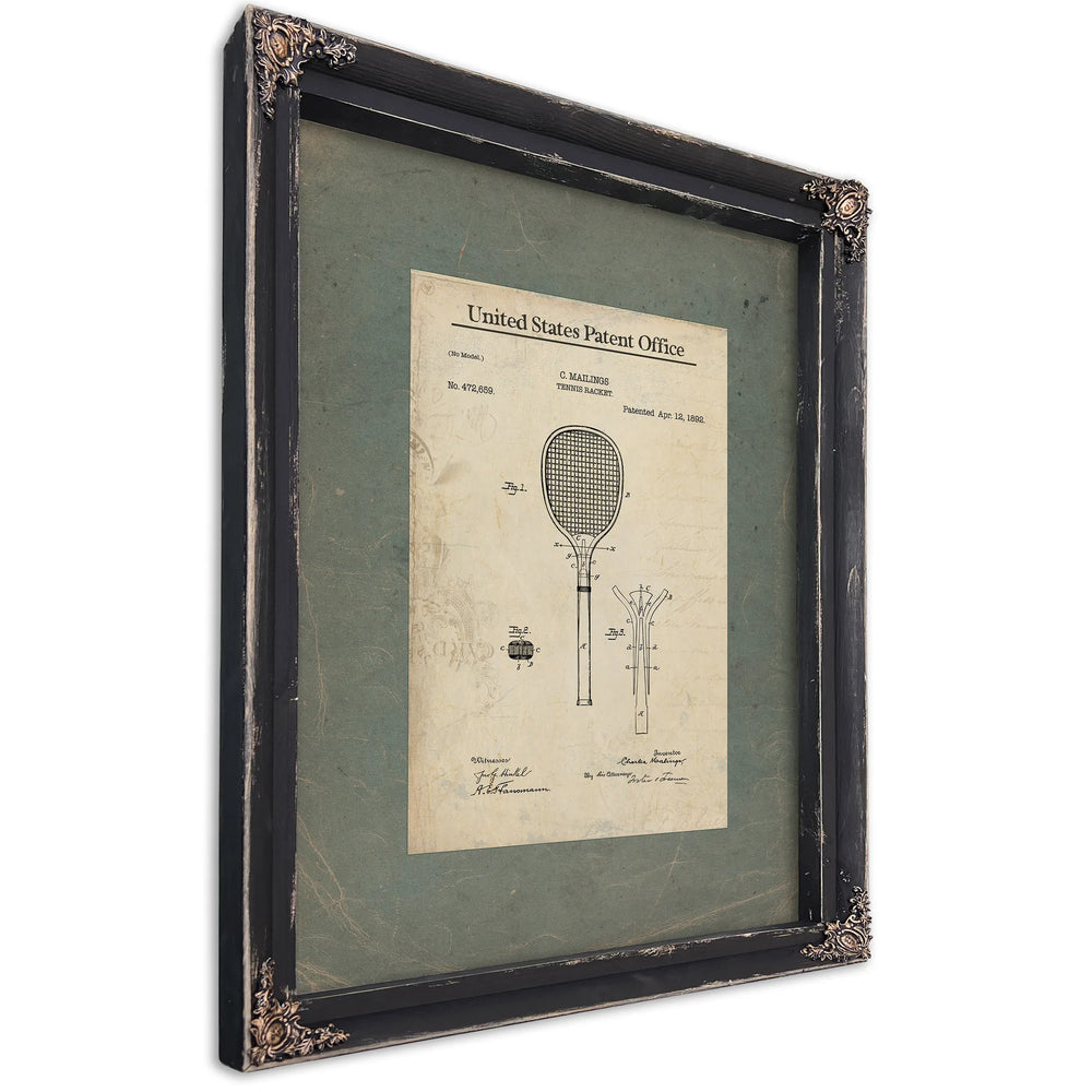 United States Patent No. 472659 Tennis Racket by C Mailings April 12 1892 — Ebony Framed Canvas Print | Bella Frye