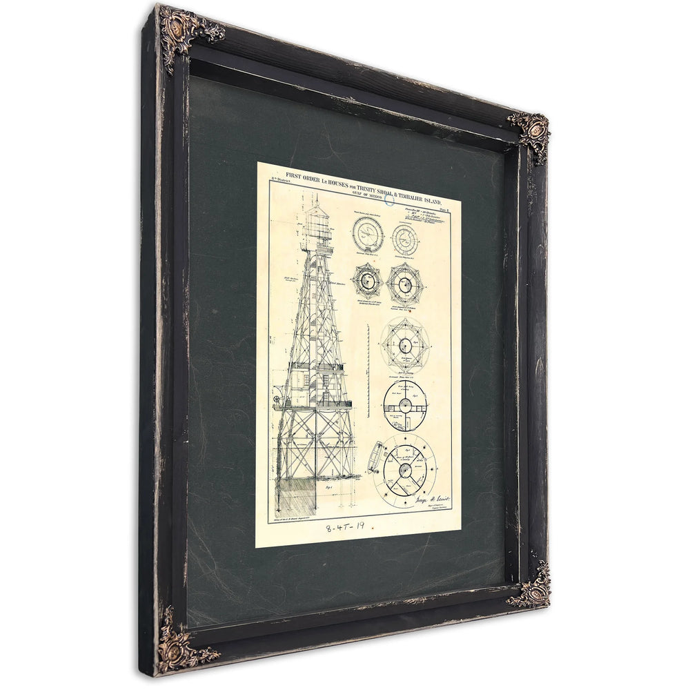 The Iron Sentinels of Trinity Shoal — Lighthouse Engineering Blueprint — Ebony Framed Canvas Print | Bella Frye