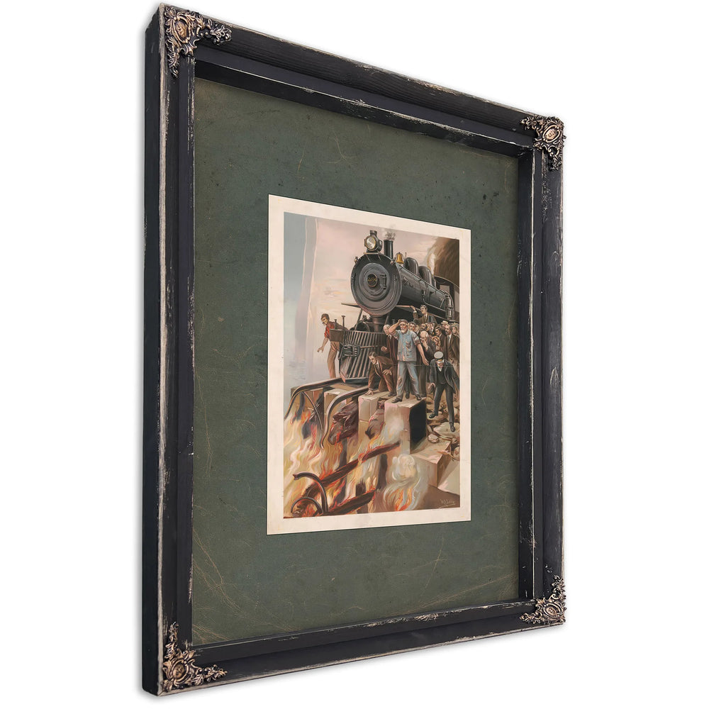 Train Halted by Fire With Crowd Watching 19th Century — Bourbon Framed Canvas Print | Bella Frye