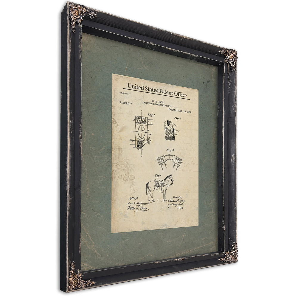 Us Patent No. 262577 Cartridge Carrying Jacket by S a Day August 15 1882 — Ebony Framed Canvas Print | Bella Frye