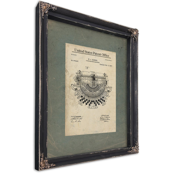 The Barron Typewriter Patent — Blueprint of the Written Word — Ebony Framed Canvas Print | Bella Frye