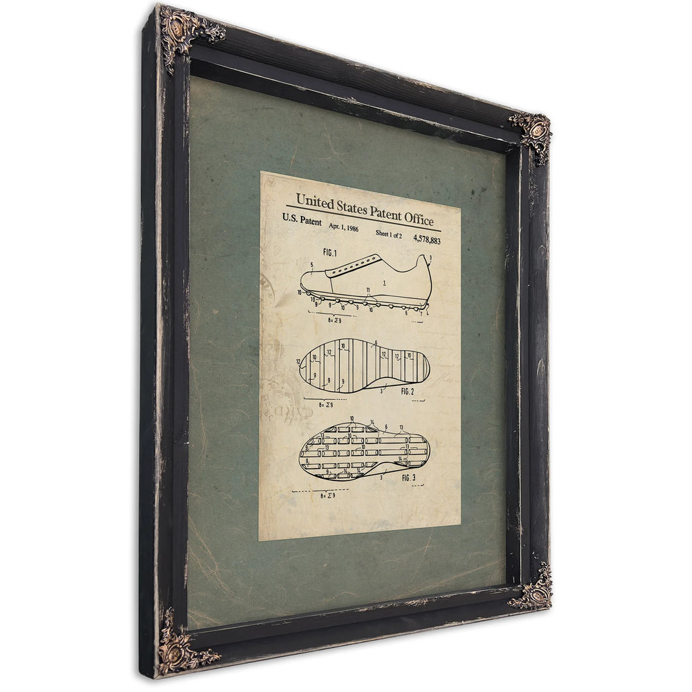 US Patent No. 4578883 Athletic Shoe With Cleats — Ebony Framed Canvas Print | Bella Frye