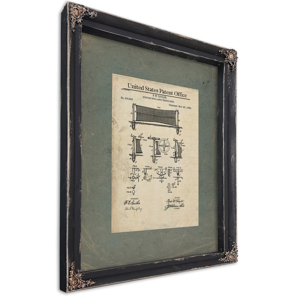 United States Patent No. 415825 Support for Lawn Tennis Nets by Fw Taylor November 26 1889 — Ebony Framed Canvas Print | Bell