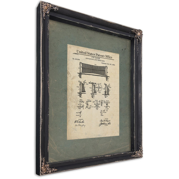 United States Patent No. 415825 Support for Lawn Tennis Nets by Fw Taylor November 26 1889 — Ebony Framed Canvas Print | Bell