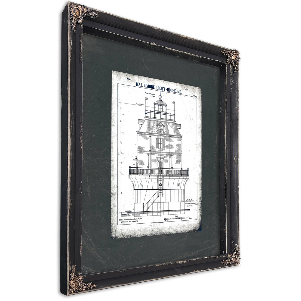 The Baltimore Harbor Sentinel Lighthouse Engineering Blueprint — Ebony Framed Canvas Print | Bella Frye