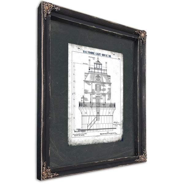 The Baltimore Harbor Sentinel Lighthouse Engineering Blueprint — Ebony Framed Canvas Print | Bella Frye