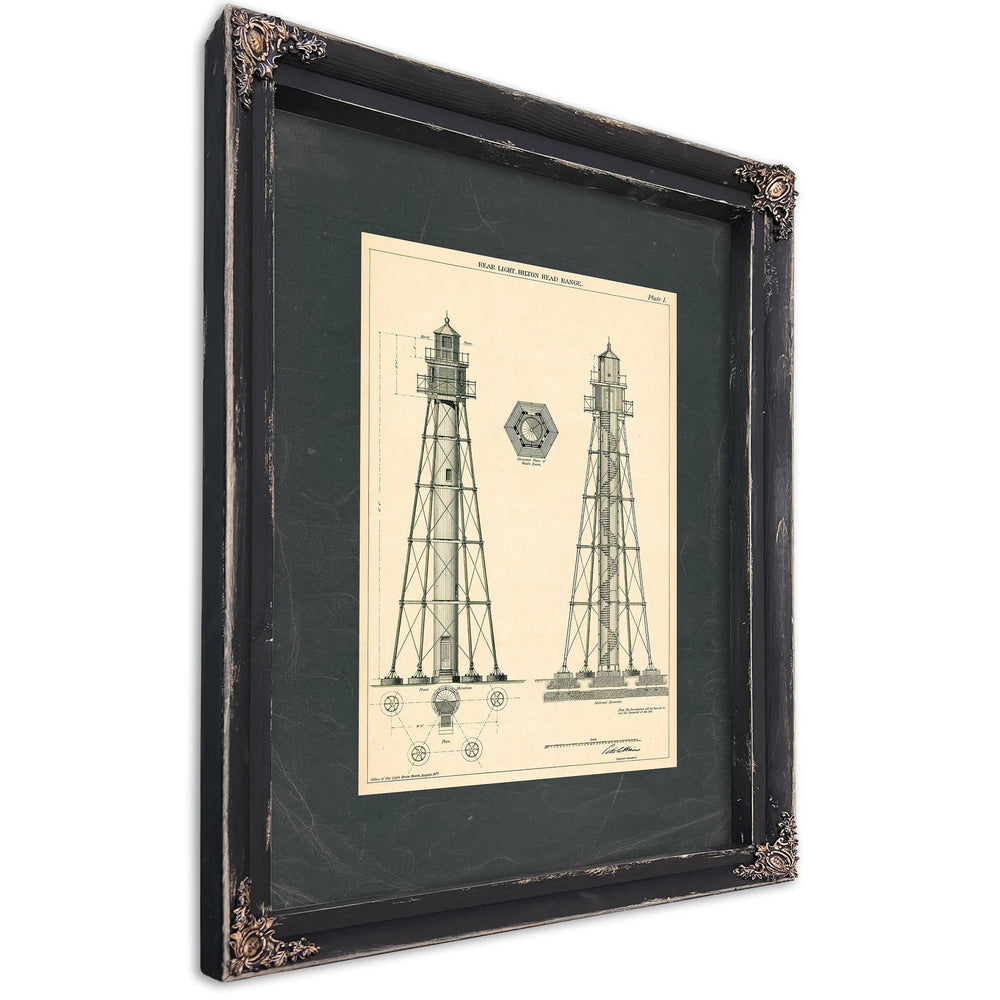 The Keepers Vigil Hilton Head Range Light Blueprint — Ebony Framed Canvas Print | Bella Frye