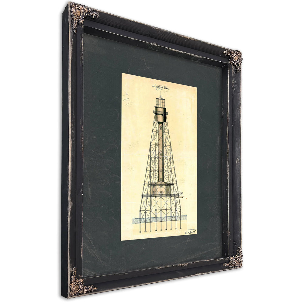 The Alligator Reef Sentinel Screw Pile Lighthouse Blueprint — Ebony Framed Canvas Print | Bella Frye