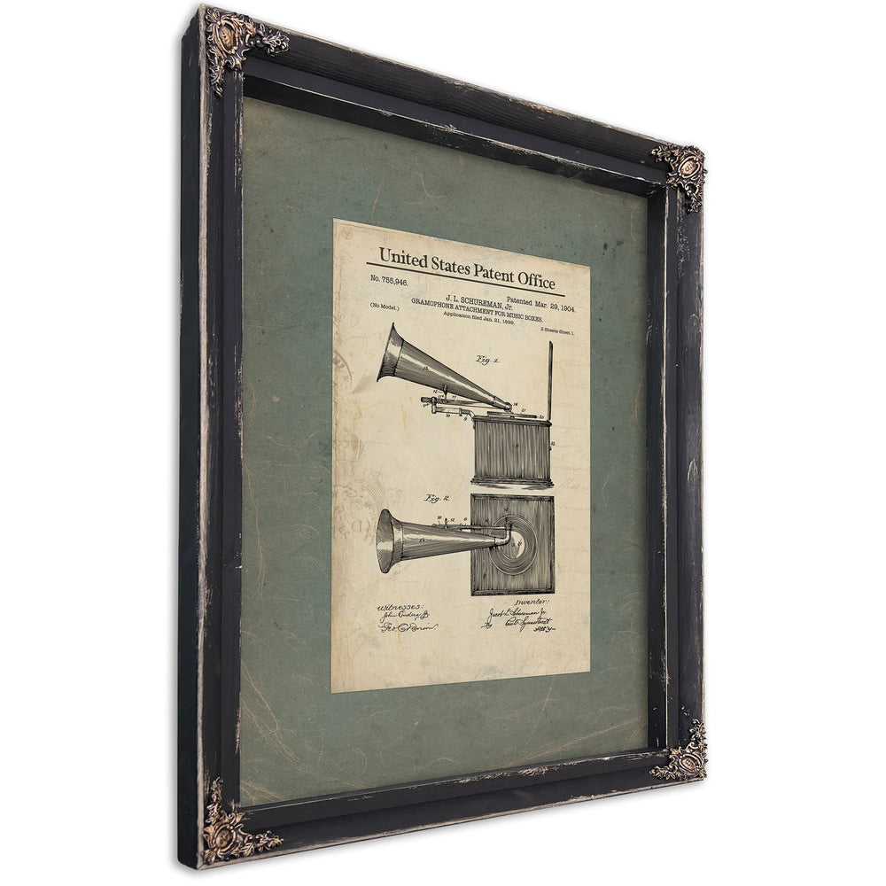 The Schureman Sound Machine Patent Print — Ebony Framed Canvas Print | Bella Frye