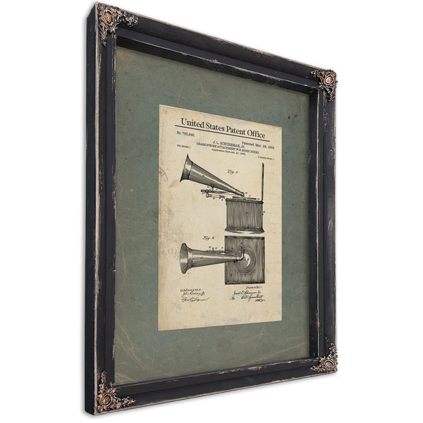 The Schureman Sound Machine Patent Print — Ebony Framed Canvas Print | Bella Frye