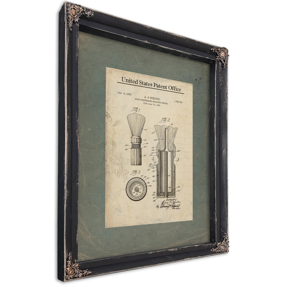 The Gentlemans Ritual — Stelton Shaving Brush Patent — Ebony Framed Canvas Print | Bella Frye