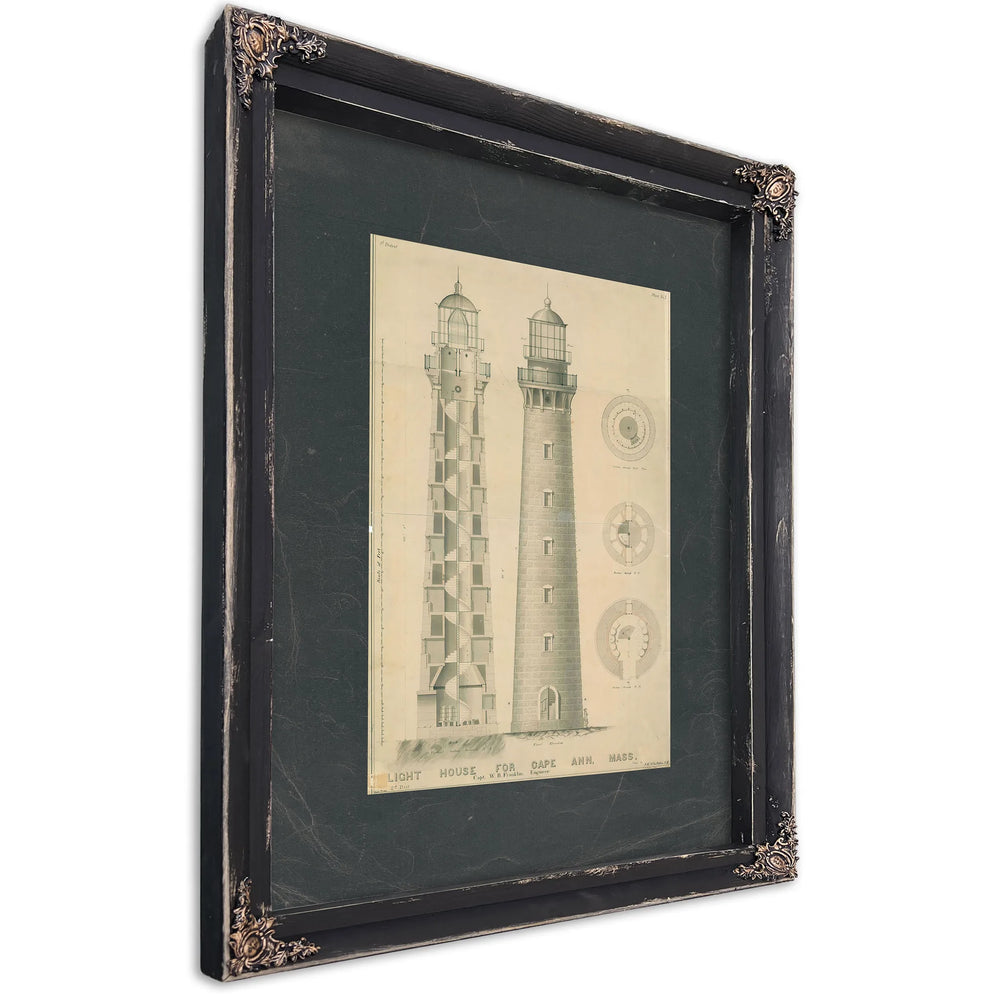 The Keepers Vigil Cape Ann Lighthouse Blueprint — Ebony Framed Canvas Print | Bella Frye