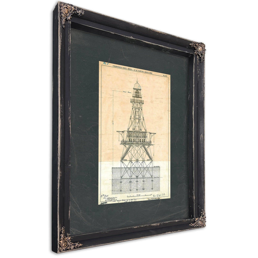 The Sabine Bank Light Station Blueprint a Monument to Maritime Solitude — Ebony Framed Canvas Print | Bella Frye