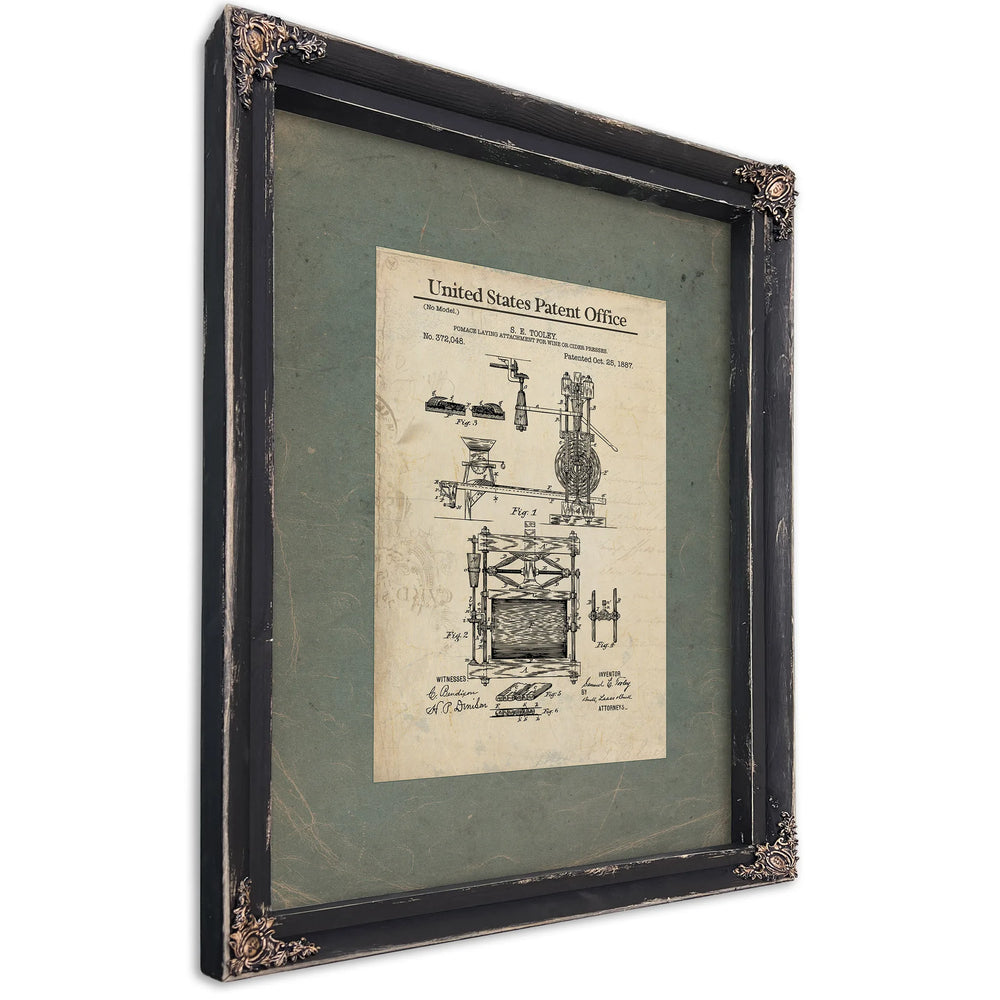 The Tooley Pomace Press Patent — Blueprint of the Autumn Crush — Ebony Framed Canvas Print | Bella Frye
