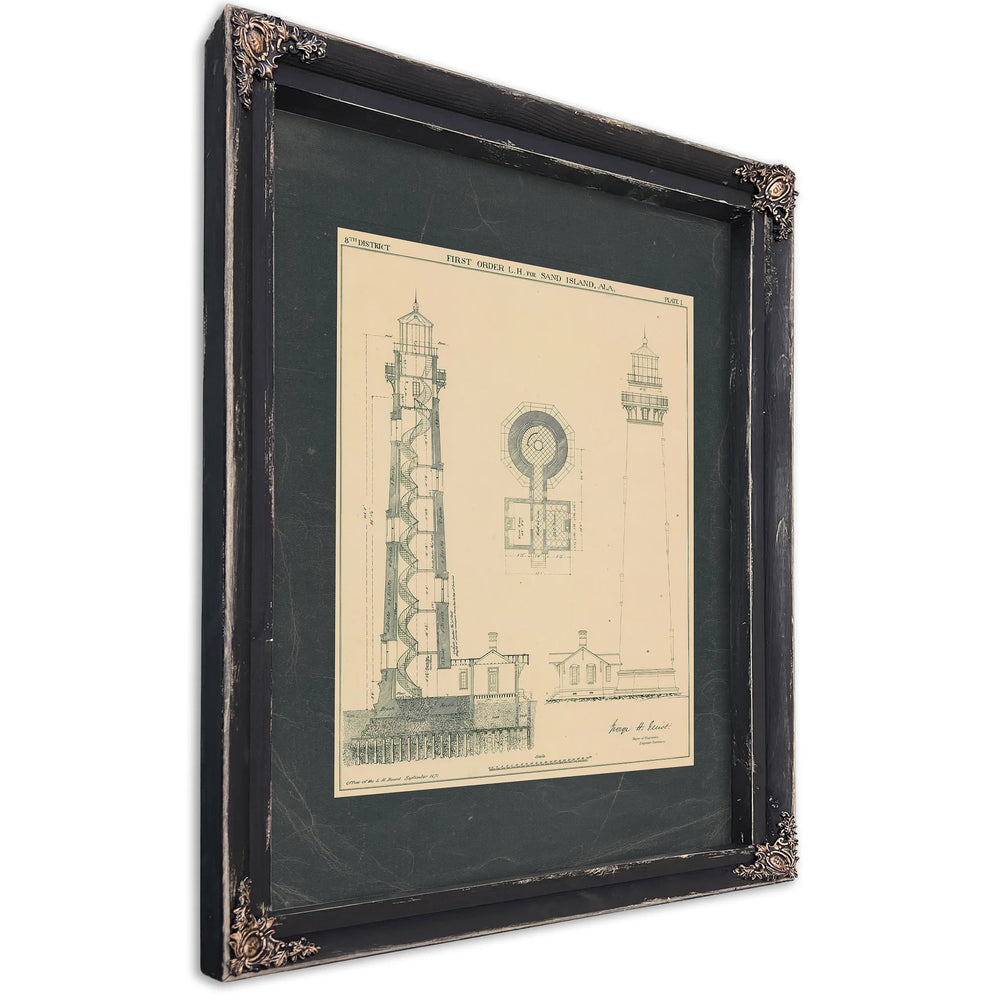Sand Island Light Station Blueprint 8th District Engineering Drawings — Ebony Framed Canvas Print | Bella Frye
