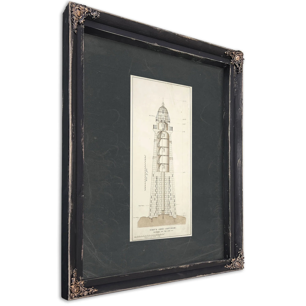 The Keepers Spiral Minots Ledge Lighthouse Blueprint — Ebony Framed Canvas Print | Bella Frye