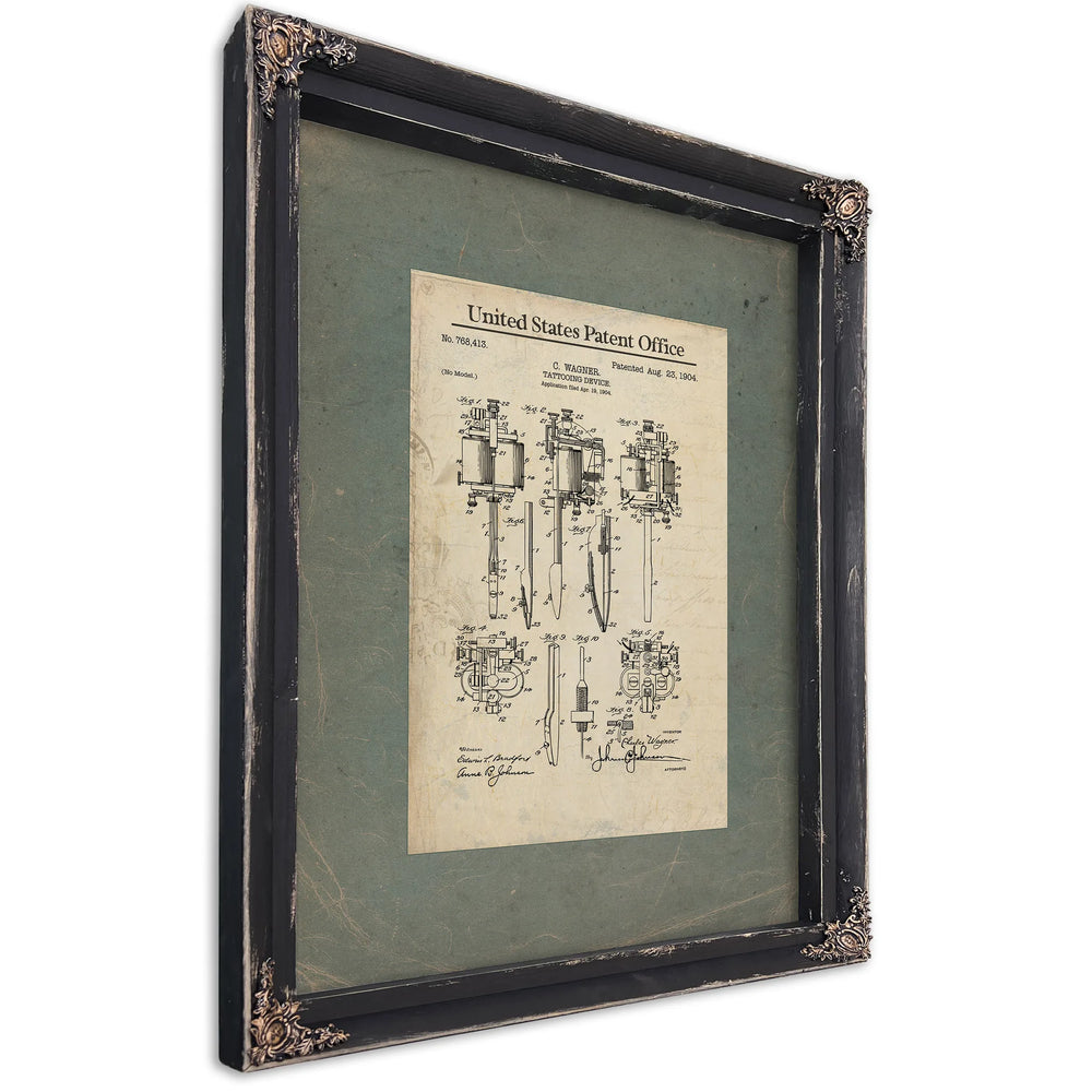 The Wagner Tattooing Machine Patent Blueprint of Permanent Marks — Ebony Framed Canvas Print | Bella Frye