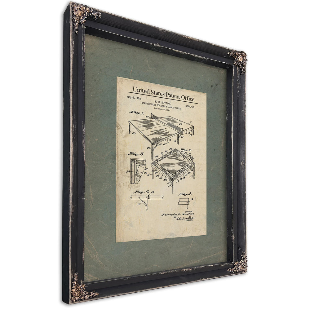 Us Patent No. 2595725 Two Section Foldable Game Table (ping Pong Table) by Kenneth E Sutton 1952 — Ebony Framed Canvas Print 