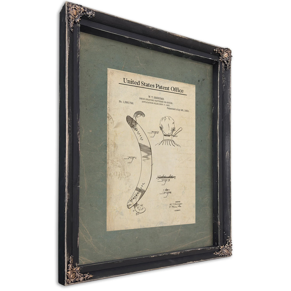 The Barbers Crescent Sessoms Neck Shaving Template Patent — Ebony Framed Canvas Print | Bella Frye