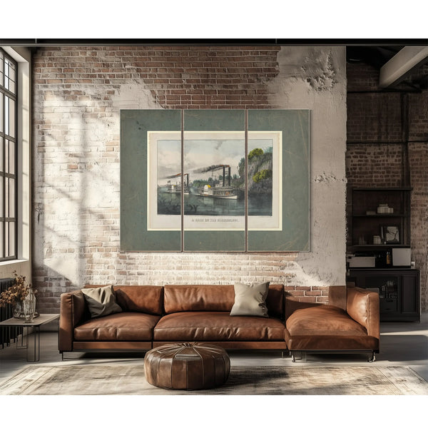 A Race on the Mississippi Currier Ives lithograph depicting steamboat race f — Framed Wall Art Room View | Bella Frye