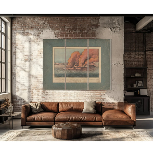 Terrific Combat Between the Monitor 2 Guns Merrimac 11 Guns in Hampton Roads M — Framed Wall Art Room View | Bella Frye