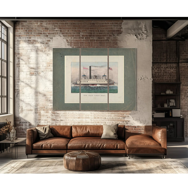 New York Ferry Boat Currier Ives lithograph depicting a side wheel steam fer — Framed Wall Art Room View | Bella Frye