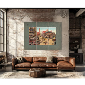 The Crossroads of Commerce Herald Squares Gilded Chaos — Framed Wall Art Room View | Bella Frye