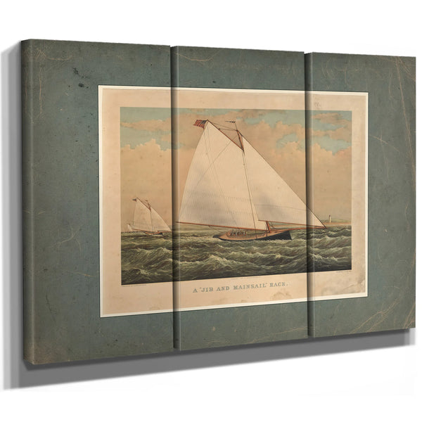 A Jib and Mainsail Race Currier Ives lithograph depicting American yacht r — Framed Wall Art Room View | Bella Frye