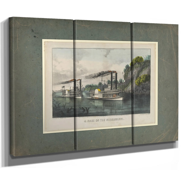 A Race on the Mississippi Currier Ives lithograph depicting steamboat race f — Framed Wall Art Room View | Bella Frye