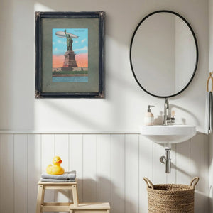 The Colossus and the Silver Leviathan Libertys Vigil at the Golden Door — Framed Wall Art Room View | Bella Frye