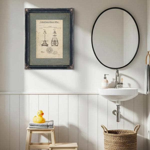 The Barbers Summons — Patent Drawing of a Victorian Razor Stand and Service Bell — Framed Wall Art Room View | Bella Frye