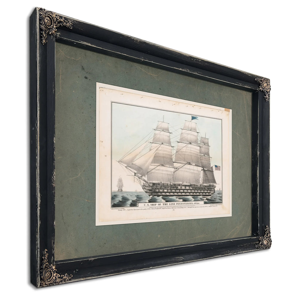 US. Ship of the Line Pennsylvania 140 Guns  Currier Lithograph — Ebony Framed Canvas Print | Bella Frye