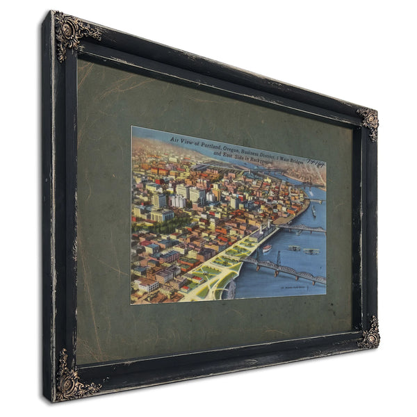 Air View Of Portland Oregon Business District 5 Main Bridges And East Side, Ebony frame — vintage framed wall art by Bella Frye