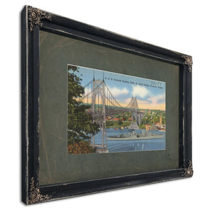 U S S Portland Passing Under St John's Bridge Portland Oregon, Ebony frame — vintage framed wall art by Bella Frye