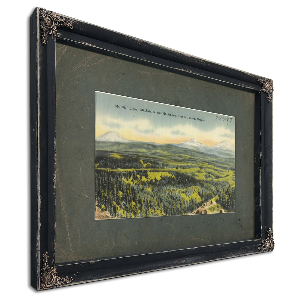 Mt St Helens Mt Rainier And Mt Adams From Mt Hood Oregon, Ebony frame — vintage framed wall art by Bella Frye