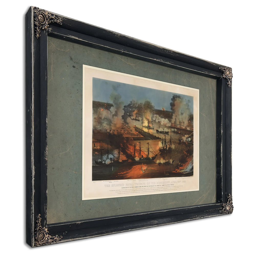 The Splendid Naval Triumph on the Mississippi April 24th 1862 Destruction of — Ebony Framed Canvas Print | Bella Frye