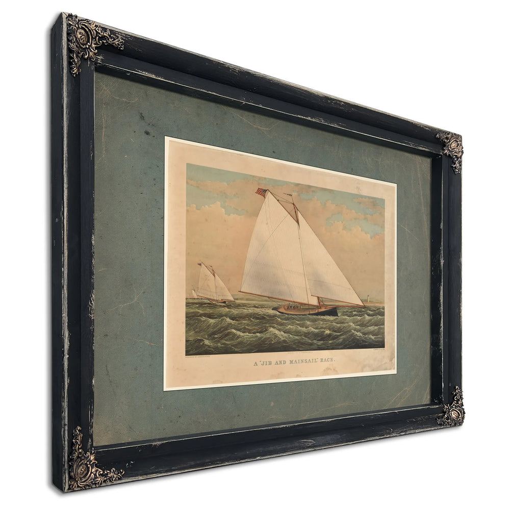 A Jib and Mainsail Race Currier Ives lithograph depicting American yacht r — Ebony Framed Canvas Print | Bella Frye