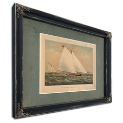 A Jib and Mainsail Race Currier Ives lithograph depicting American yacht r — Ebony Framed Canvas Print | Bella Frye