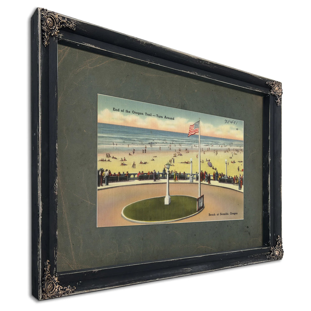 End Of The Oregon Trail Turn Around Beach At Seaside Oregon, Ebony frame — vintage framed wall art by Bella Frye