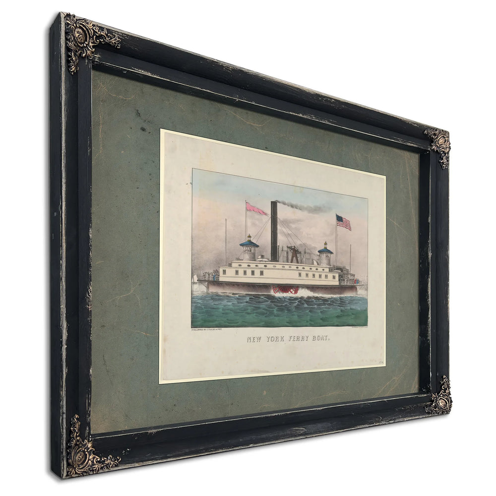 New York Ferry Boat Currier Ives lithograph depicting a side wheel steam fer — Ebony Framed Canvas Print | Bella Frye
