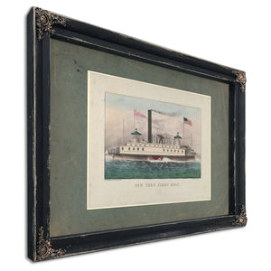 New York Ferry Boat Currier Ives lithograph depicting a side wheel steam fer — Ebony Framed Canvas Print | Bella Frye