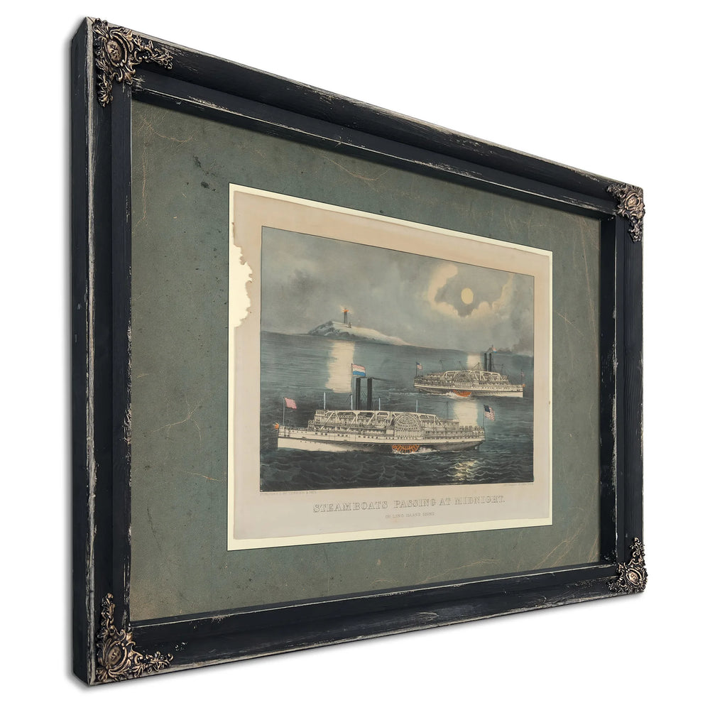 Steamboats Passing at Midnight on Long Island Sound — Ebony Framed Canvas Print | Bella Frye