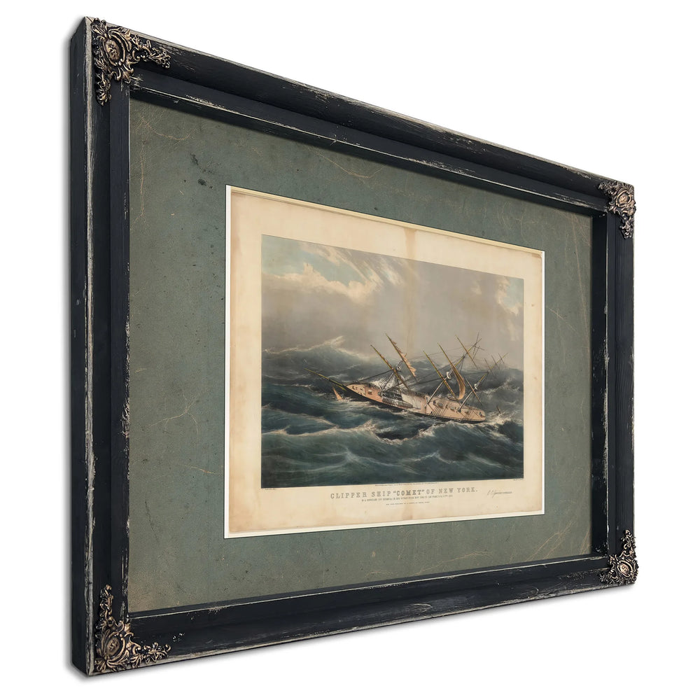 Clipper Ship Comet of New York in a Hurricane off Bermuda on her Voyage from — Ebony Framed Canvas Print | Bella Frye