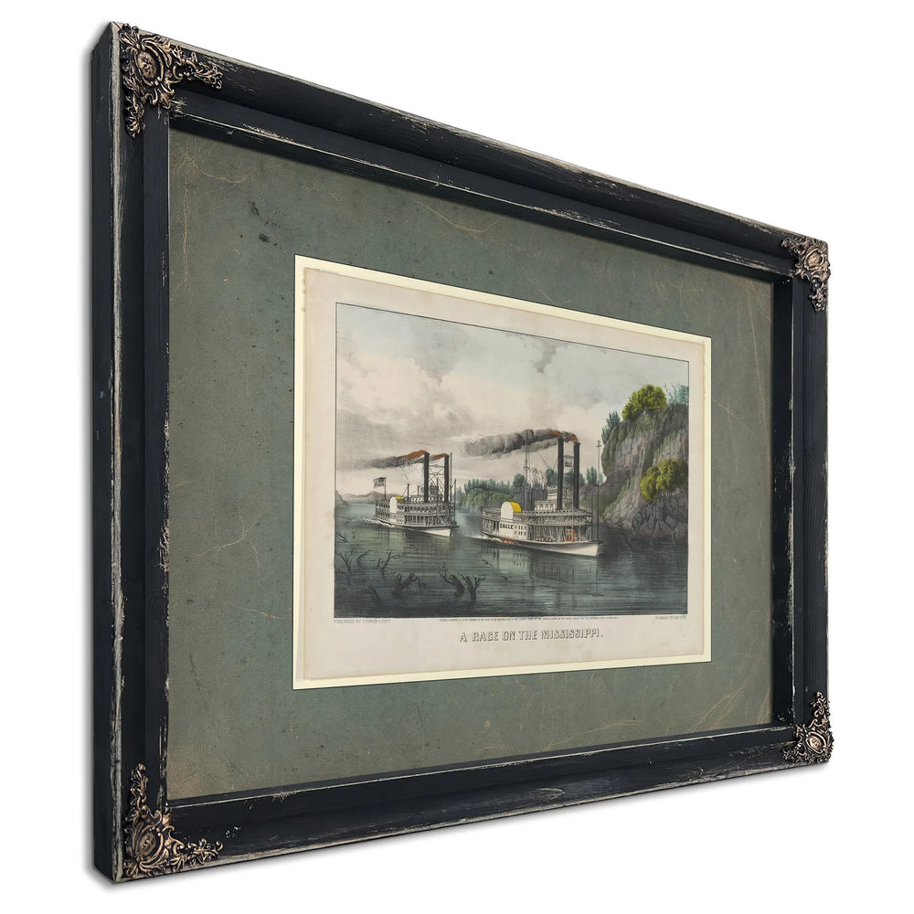 A Race on the Mississippi Currier Ives lithograph depicting steamboat race f — Ebony Framed Canvas Print | Bella Frye