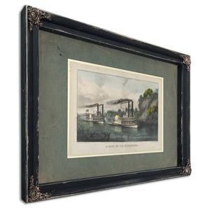 A Race on the Mississippi Currier Ives lithograph depicting steamboat race f — Ebony Framed Canvas Print | Bella Frye