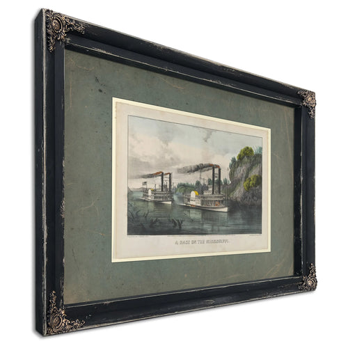 A Race on the Mississippi Currier Ives lithograph depicting steamboat race f — Ebony Framed Canvas Print | Bella Frye