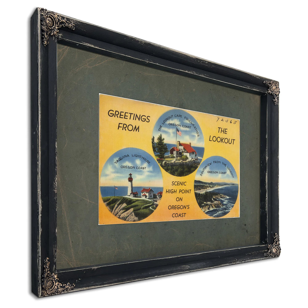 Greetings From The Lookout Scenic High Point On Oregon's Coast, Ebony frame — vintage framed wall art by Bella Frye