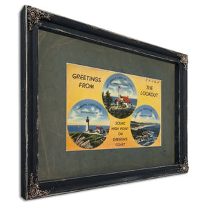 Greetings From The Lookout Scenic High Point On Oregon's Coast, Ebony frame — vintage framed wall art by Bella Frye